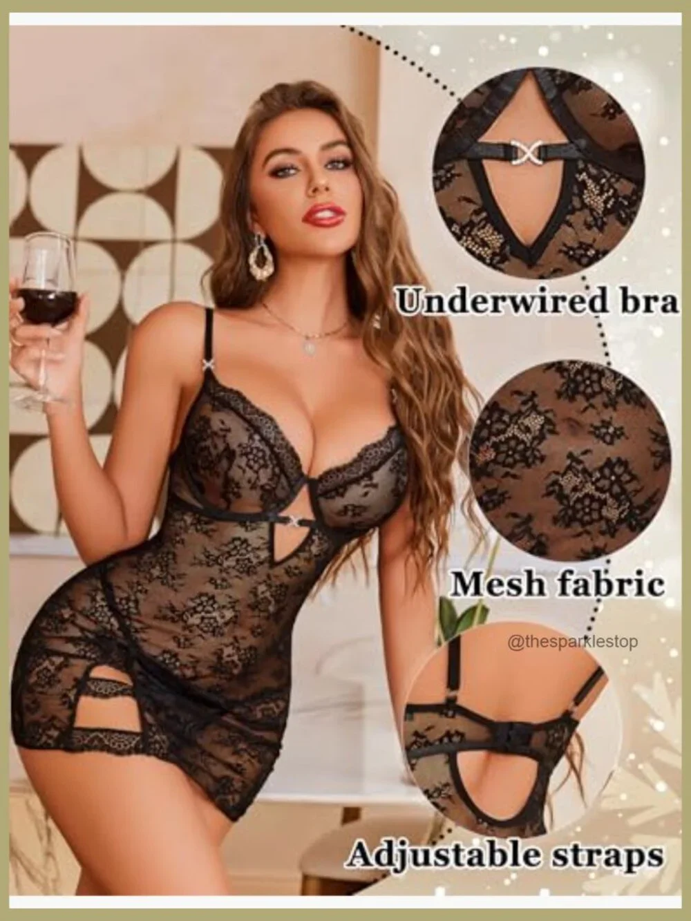 Mesh Babydoll Dress with Underwire Push Up Bra Lace Chemise Sleepwear